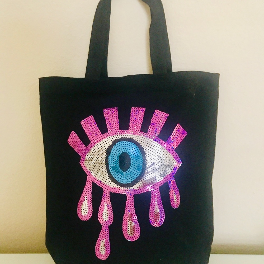 Sequins evil eye on canvas tote